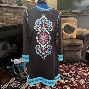 Double D Ranch Dress long sleeved Brown and Turquoise, embroidered and beaded